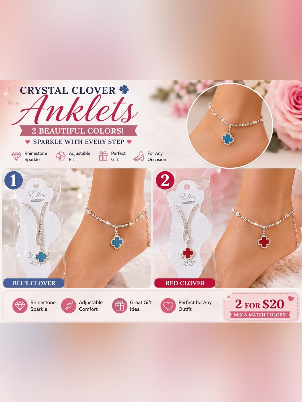 ✨ Sparkling Crystal Clover Anklet – Available in Blue or Red | ♥️💙